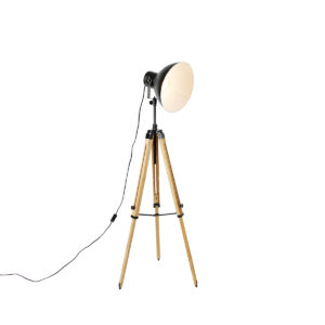 Industrial tripod floor lamp black with wood - Mangoes