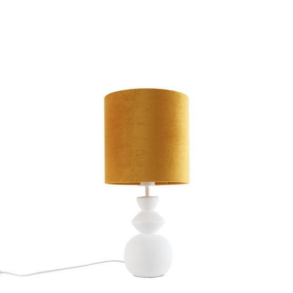 Design Table Lamp White Velvet Shade Yellow with Gold 25 cm - Alisia