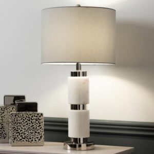 Davos Grey Faux Silk Shade Table Lamp With White Marble Base