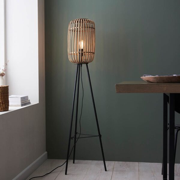 Murray Natural Bamboo Wood Floor Lamp In Matt Black